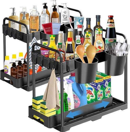 Roestvrijstalen keukenhouders voor bij de spoelbak met antislip en zwart plastic details
