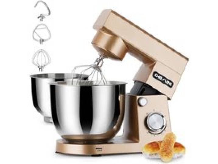 Robot Pâtissier 1500W Bols Inox 4 5L + 5 5L 10 Vitesses + Pulse Fouet Batteur Crochet Et Protection Anti-Éclaboussures Doré