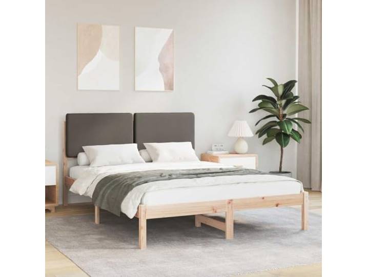 Kiefernholz gepolstertes Kopfteil modernes Schlafzimmer Taupe 140 x 190 cm Bettgestell mit gepolstertem Kopfteil Taupe 140x190 cm Massivholz Kiefer Plattform Bettrahmen ohne Boxspring Lesen Stilvoll
