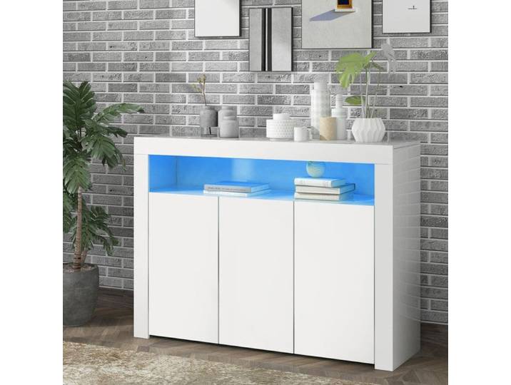 MODERNLUXE Buffet d'appoint blanc brillant avec éclairage LED et télécommande Blanc