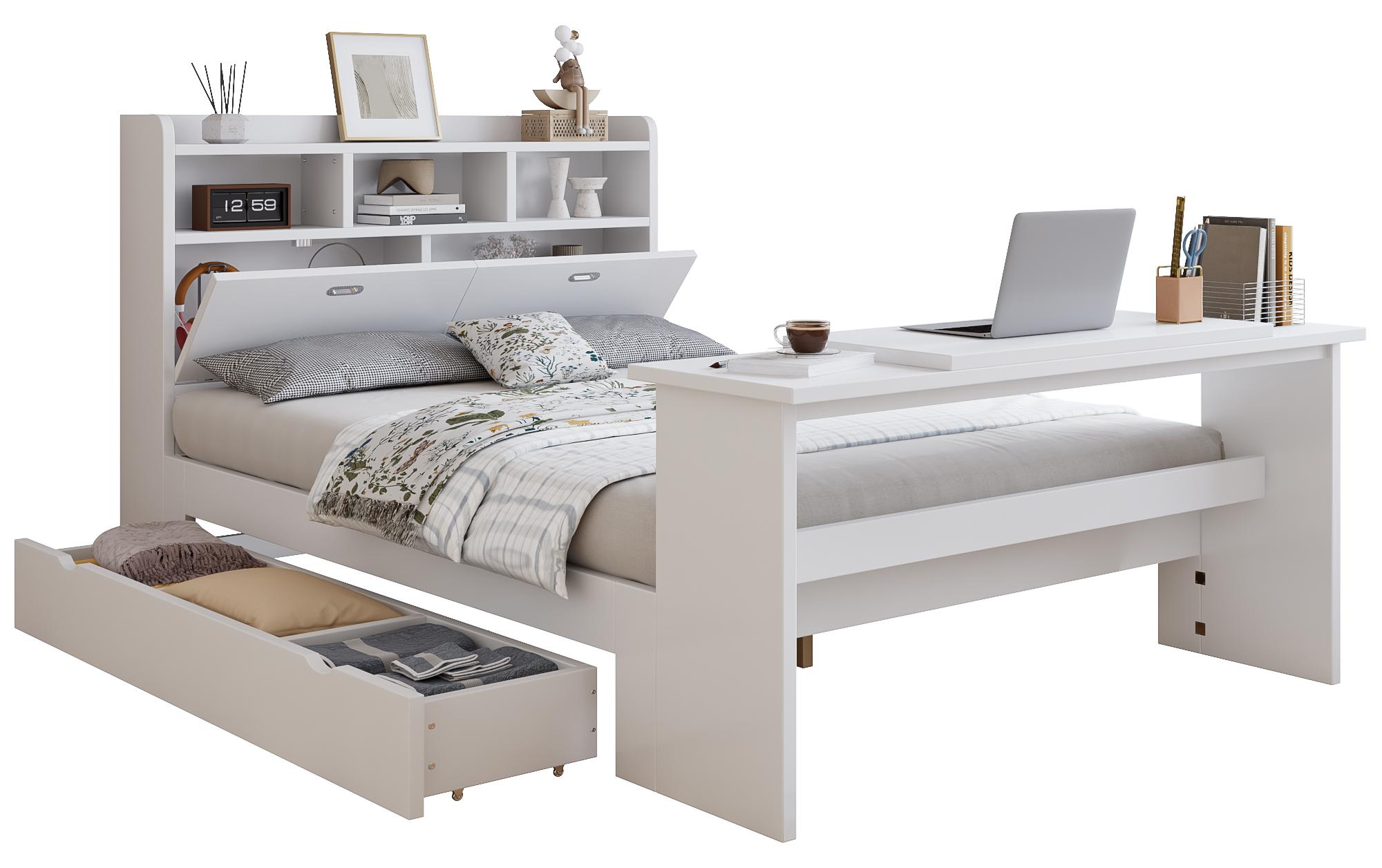 Kinderbett mit Stauraum und Klapptisch, mit Lattenrost, Regal, Schrank, Schubladen und Klapptisch, Holzbett, Stauraumbett, 140x200 cm