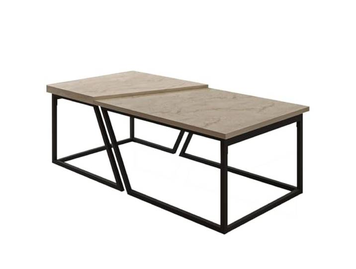 Hanah Home Modernes Couchtisch-Set (2-teilig), Travertin-Farbe, 120 x 40,6 x 60 cm 100% melaminbeschichtet, Schwarze Metallbeine Stilvolles Industriedesign