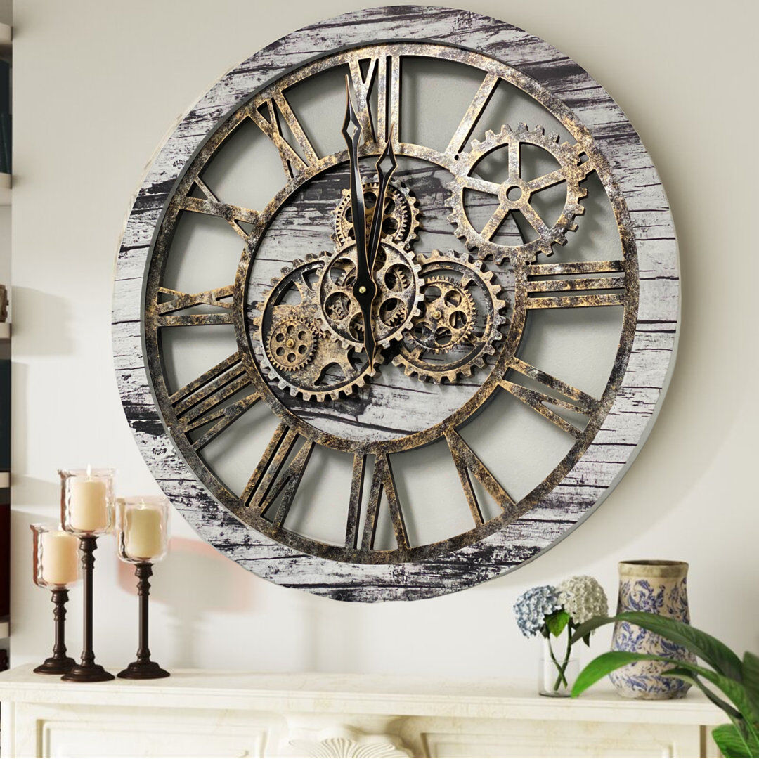 The Gears Clock Solid Wood Skeleton Wall Clock Grey/White 61cm W X 61cm H X 7cm D