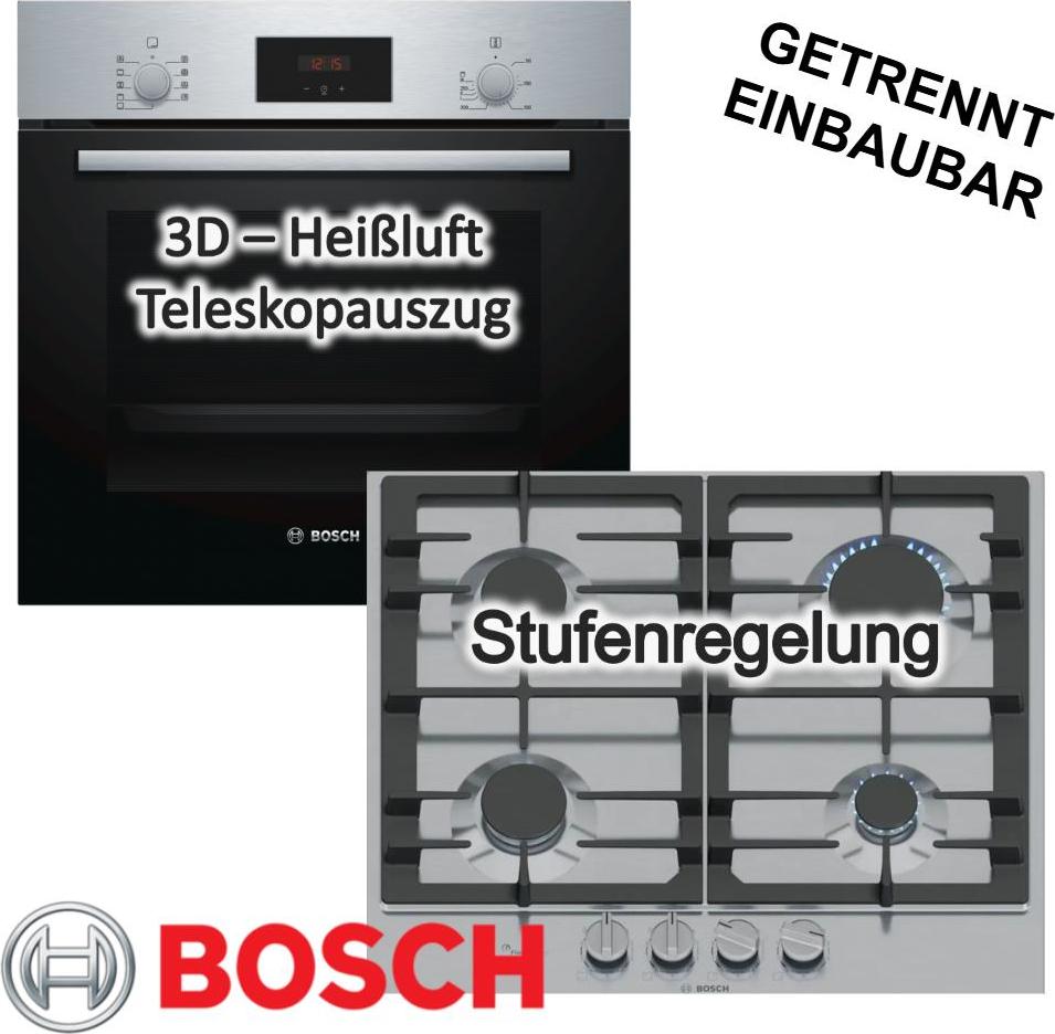 Backofen-Set Bosch Backofen Teleskop 3D Heißluft +Gaskochfeld 60 cm FlameSelect Zündsicherung rahmenlos