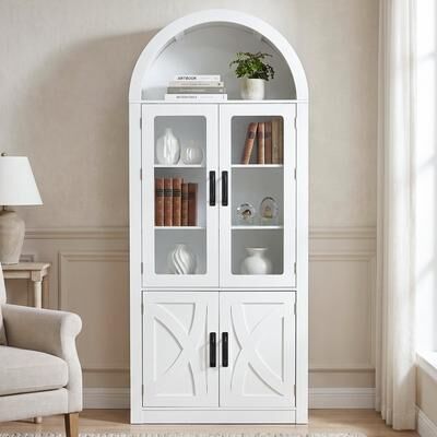 Parrot Uncle "67"" White Wood Arched Media Storage Bookcase Display Bookshelf with Barn Door and 7 Shelves"