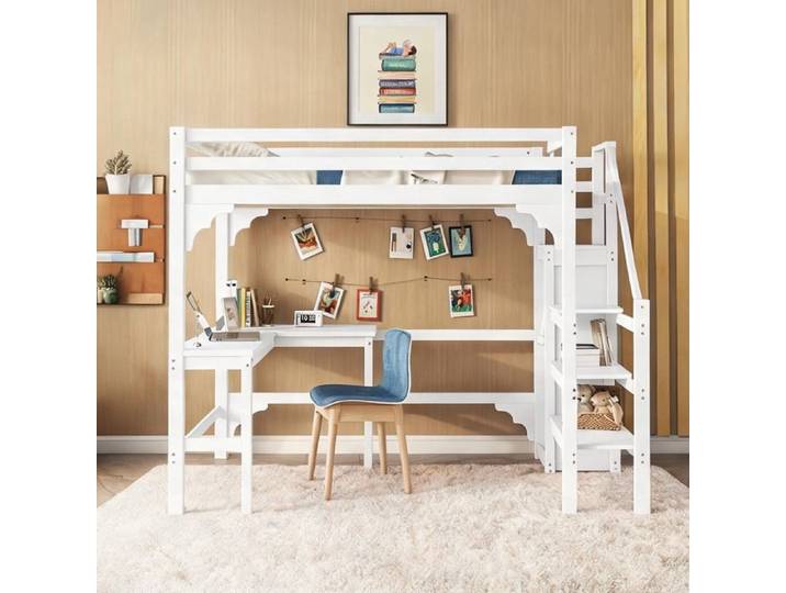 Lit mezzanine 140x200 cm avec bureau L dressing ouvert et rangements en pin blanc