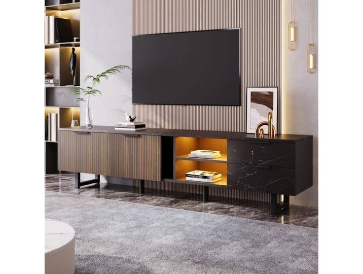 Meuble TV LED - DREAMMESPACE - 200x50x38cm - Noir - Grain de bois - 2 portes et 2 tiroirs