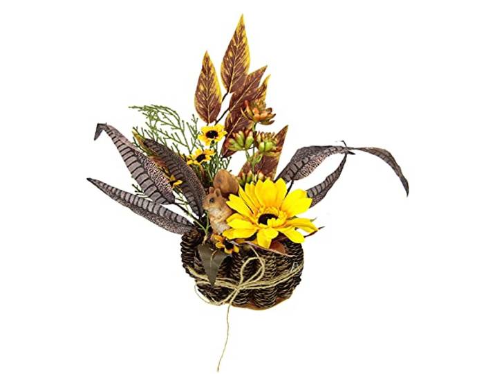 Flair Flower Gesteck aus künstlichen Sonnenblumen und Blättern mit Eichhörnchen im Zapfen-Topf Blumen Herbstgesteck Künstlich Thanksgiving Herbst Herbstdeko Dekofigur, 090233GN, 28x30x15 cm, Gelb