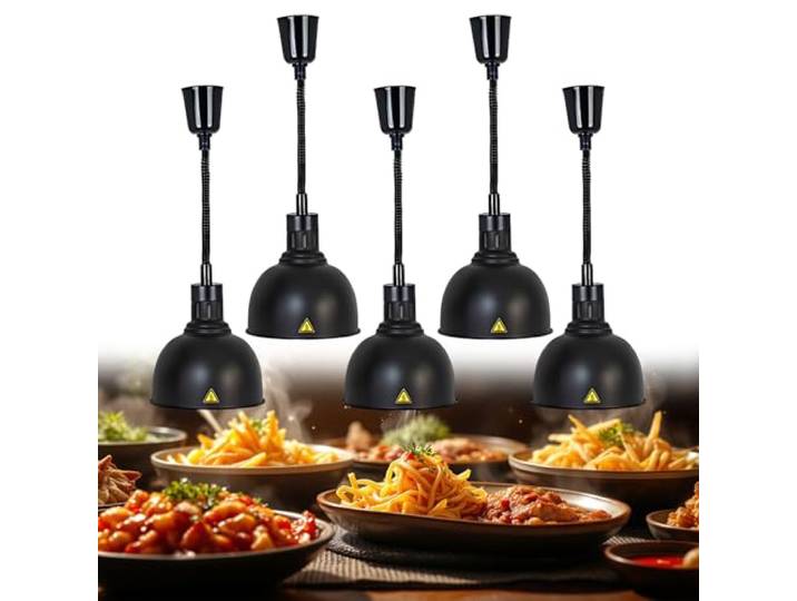 BOVDC Wärmelampe Küche Gastro, 250W Hängende(Schwarz-25cm,5 Stück) Wärmelampe für Speisen, 19/25 cm Einstellbare Höhe Lebensmittel Wärmelampe Küche für Essen Buffets Esszimmer und Hotels