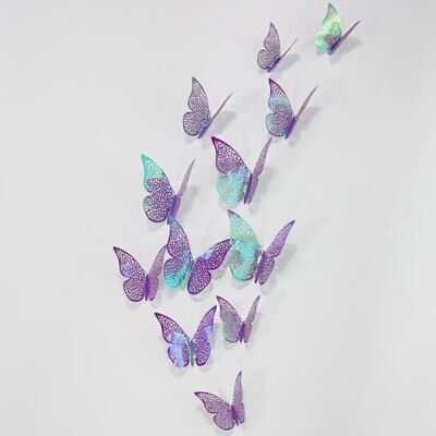 Inspire Select 3D Mirror Butterfly Wall Stickers Hollow Gold, Silver & Blue DIY Room Decor 12pcs_purple_b