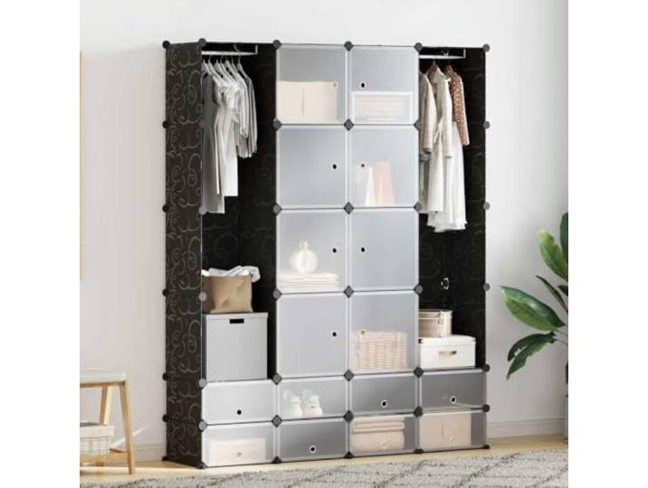 Modularer Schrank mit 18 Fächern, schwarz/weiß, 37x146x180,5cm Kunststoffelemente, verchromter Stahldraht, schneller Aufbau, einfache Reinigung, flexible Kombinationen