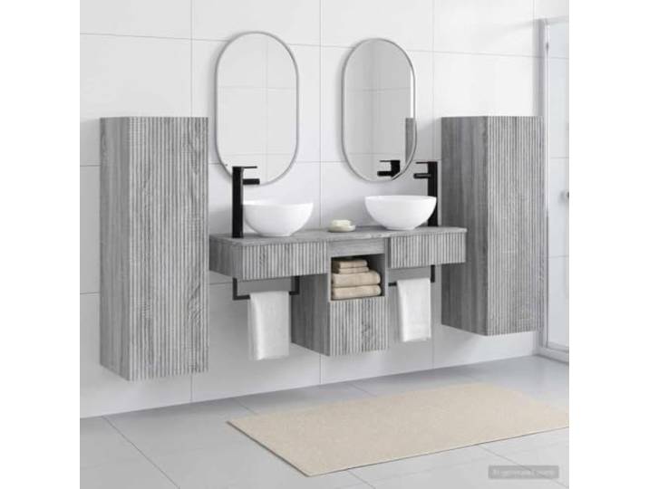 KTHLBRH Badezimmermoebel-Set 5 STK. Grau Sonoma 33 x 34,5 x 100 cm Wandmontiert, Holzwerkstoff, Waschtisch, 2 Tuer-Schraenke, Schubladenschrank, Montage zu zweit