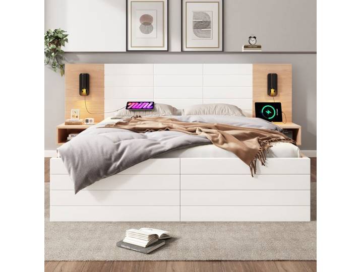 Cadre de lit - AUTREMENT - 160x200 cm - Bois massif - 2 tiroirs - Ports USB intégrés