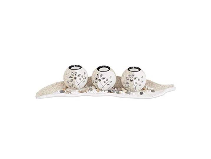 relaxdays Set 3 photophores\, Décoration de Table\, Feuille en Bois\, Pierres décoratives bougeoirs\, Beige-Blanc\, 2.5 x 50.5 x 16.5 cm
