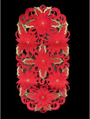 Jiallo Poinsettia and Green Leaf Embroidered Cutwork Rectangular Table Runner, 13 by 27 inch