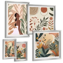 BILDER SET 5er Set - 50x50 cm & 20x30 cm & 40x60 cm Silberner Rahmen - Pflanzenmotive in Farben