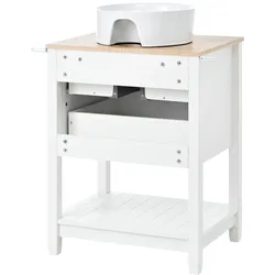 MODFU Waschtischunterschrank 91x60x45 mit Keramik-Rundbecken, 2 Schubladen und offenem Fach, MDF, feuchtigkeitsbeständig, modern, weiß+natur