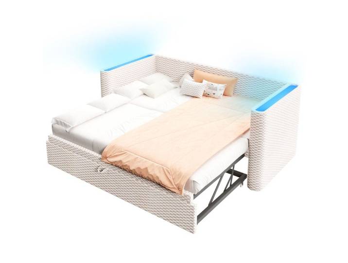 Lit banquette 90x200cm avec lit gigogne extensible 180x200 et LED enfant pour chambre ou studio Moderne velours beige