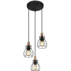 Hängeleuchte Vintage Pendelleuchte Esstischlampe Holz Retro Käfigschirme, Metall braun schwarz, Fassungen 3x LED 7W 806Lm warmweiß, DxH 35,5x120 cm