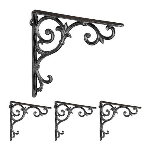 Relaxdays Plankdrager set van 4, zwart, gietijzer, 24,5 cm