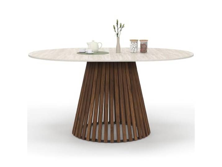 IDMarket - Esstisch, ausziehbar, rund, Carmen, 4-8 Personen, Fuß aus Nussbaum, Latten, Platte mit Travertin-Effekt, 110 – 150 cm