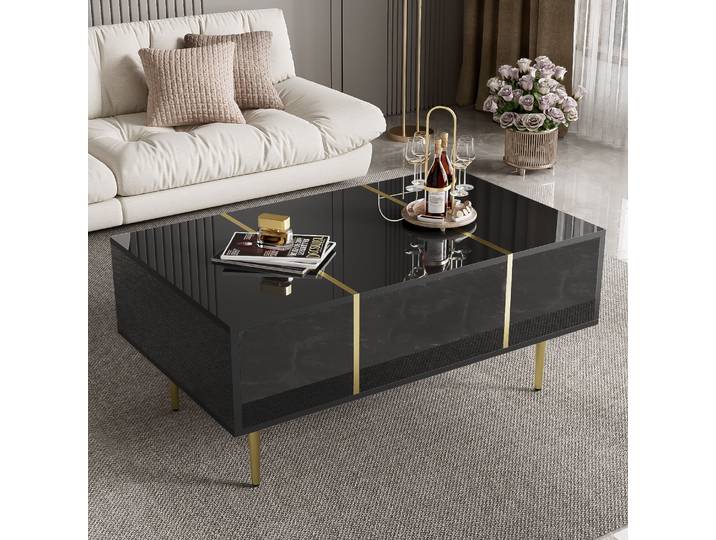 Table basse moderne PINGGO noire brillante avec 2 tiroirs, meuble de rangement pour salon, ottoman de forme rectangulaire