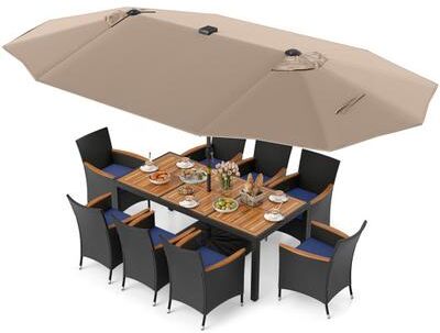 Costway 11 Pieces Patio Dining Set with LED Patio Umbrella with Base and Seat Cushions (Navy)-Coffee