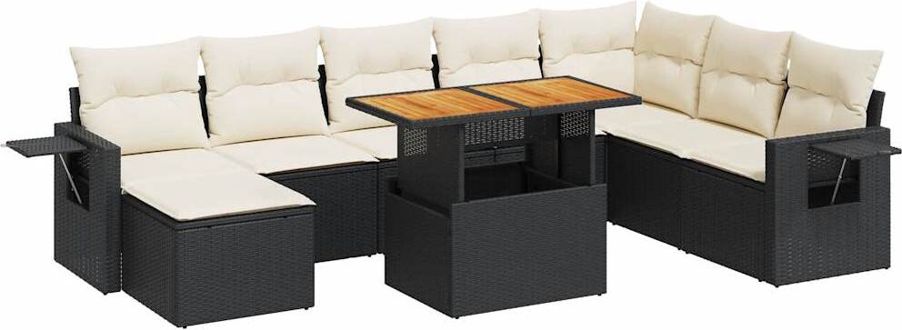 Modulares Gartenmöbel-Set, 9-tlg. Loungemöbel mit Stauraum, verstellbarem Tisch, Poly Rattan Schwarz, Kissen Cremeweiß