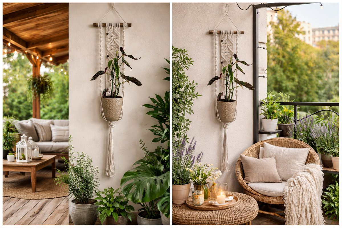 Macramé plantenhanger wanddecoratie - Ecru