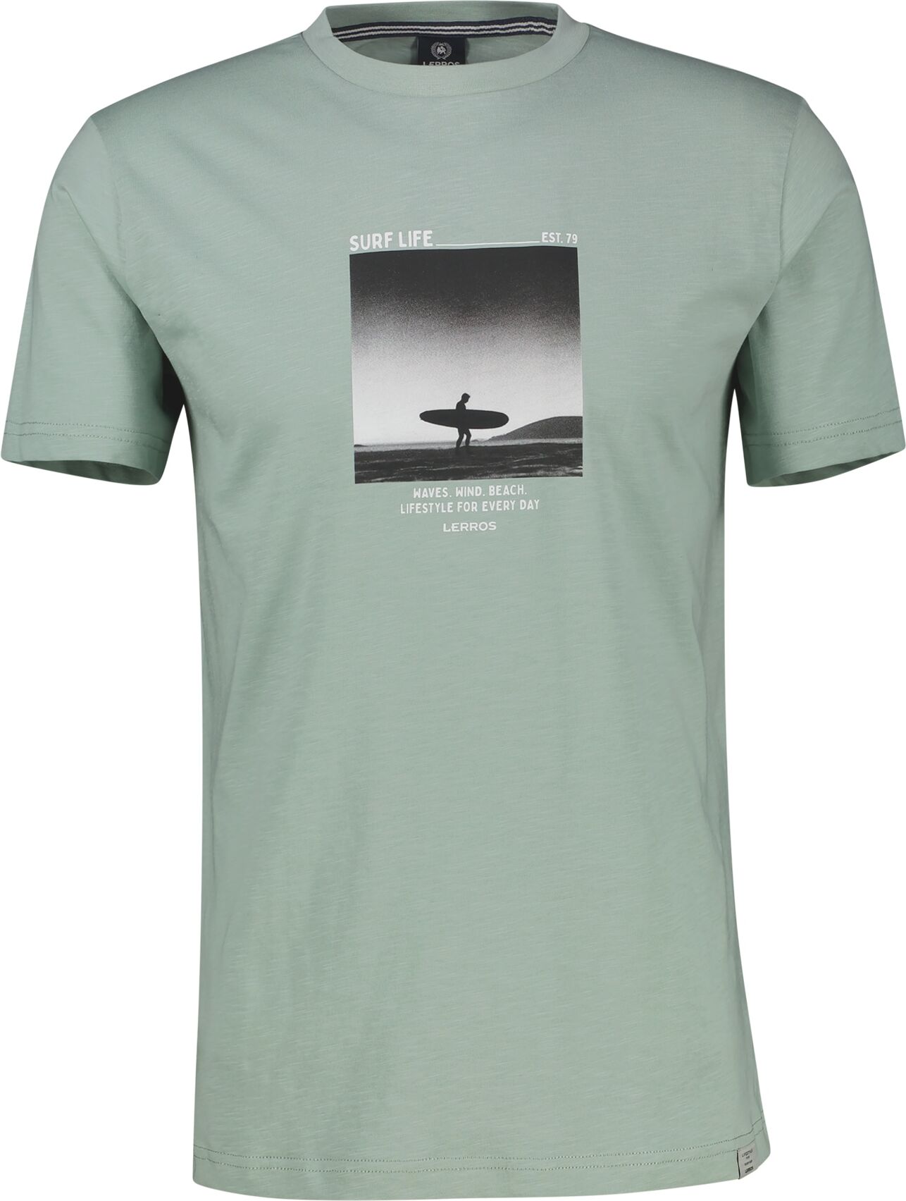 Kurzarmshirt LERROS, Herren, Gr. M, grün (bay grün), Single Jersey, Obermaterial: 100% Baumwolle, bedruckt, regular fit hüftbedeckend, Rundhals, abgesteppte Kante, Shirts Kurzarmshirt, Sommershirt mit Print bay grün M