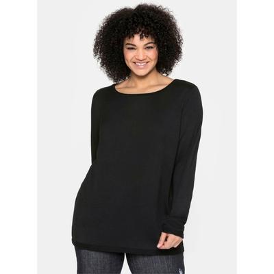 Rundhalspullover SHEEGO "Rundhalspullover", Damen, Gr. 48/50, schwarz, 70% Viskose, 17% Leinen, 13% Polyester, unifarben, Pullover Rundhalspullover