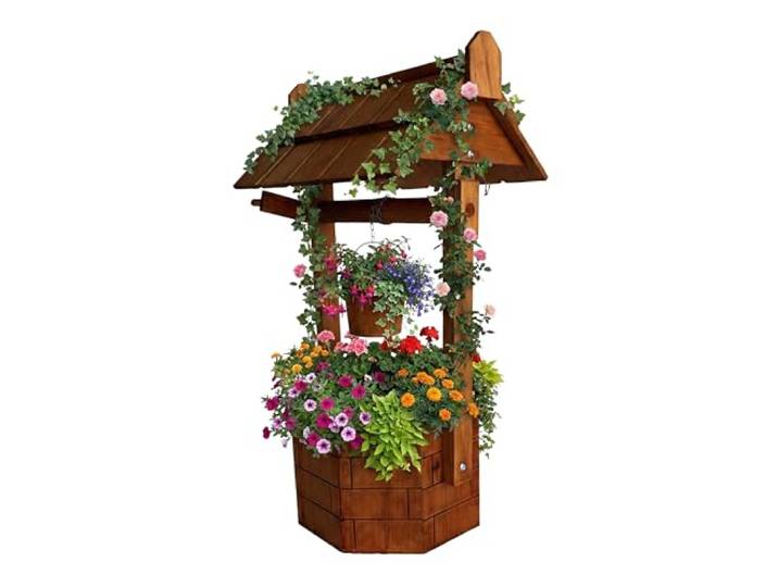 Relaxdays Zierbrunnen, Ziegelstein Optik, Garten Dekobrunnen, Eimer & Kurbel, HBT: 75 x 43 x 31 cm, Holzbrunnen, orange