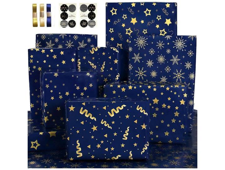Geschenkpapier Set Dunkelblau Gold 5 Bögen, Papier, 15x0.6x20 cm, Dekoration, Geschenkartikel, Geschenkbänder & Geschenkpapier