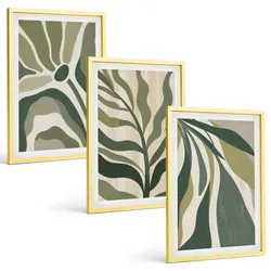 BILDER SET 3er Set - 40x60 cm Goldrahmen - Illustrationen gemalter grüner Blätter