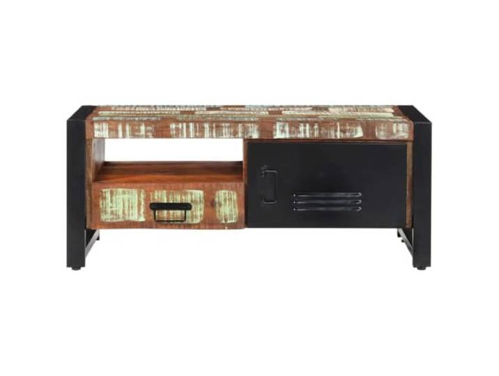 Couchtisch 100x50x41cm Massivholz Mango 5 Schubladen, 1 Schrank, abnehmbare Tischplatte, 2 separate Seitenschränke, Vintage Massives Mangoholz