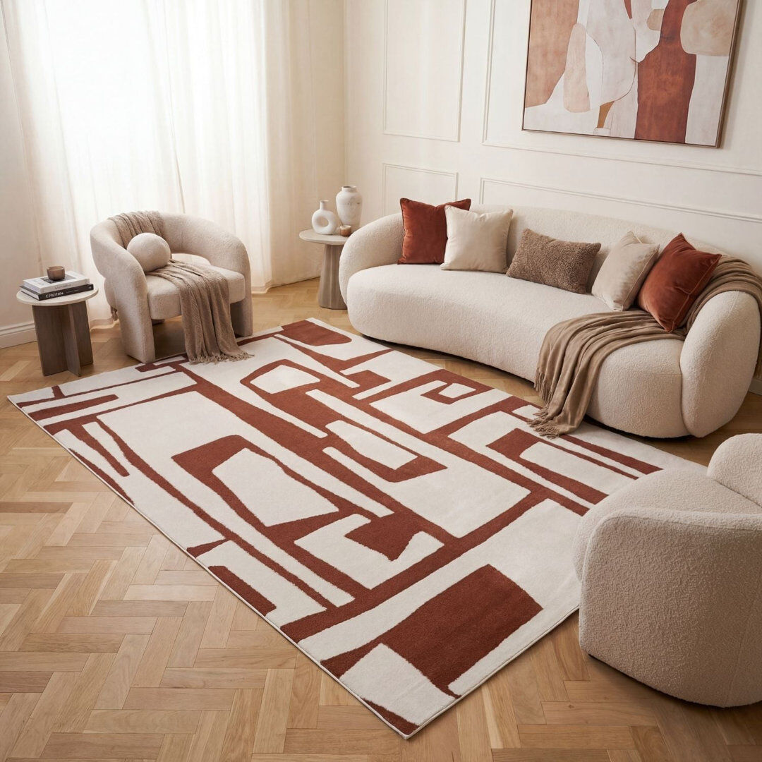 THE RUGS Loft Modern Abstract Living Room Area Rug and Runner Soft Pile Orange/Ivory Rectangle 160 x 230 cm