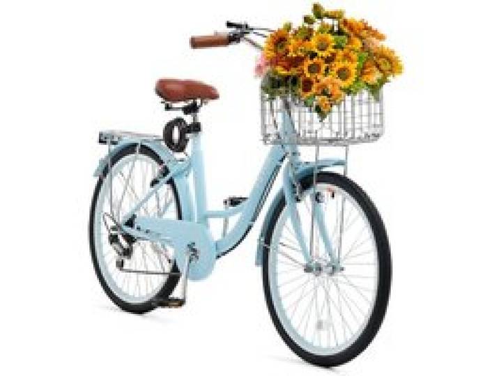 VEVOR Cruiser Fahrrad mit 7 Gängen (Reifendurchmesser 61 cm)Beach Fahrrad mit großem Korb & Gepäckträger, Cruiser-Fahrrad mit verstellbarem Sitz, für Radfahren & Trainieren & Einkaufen Blau