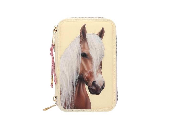 Depesche Germany 3-Fach Federtasche MIT Pferdekopf-Applikation Inkl. Stifte Miss Melody hellgelb 7,5 x 13 x 20 cm, Hellgelb, Kunststoff, Rechteckig, 13x20x7.5 cm, unisex, Dekoration, Malbedarf & Bastelbedarf