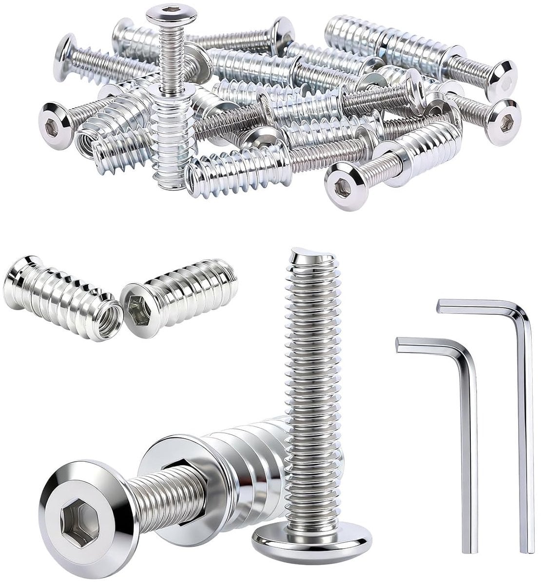Set van houten schroefdraadinzetstukken M6 x 20 mm met platte kopschroeven M6 x 30 mm en bouten voor meubels