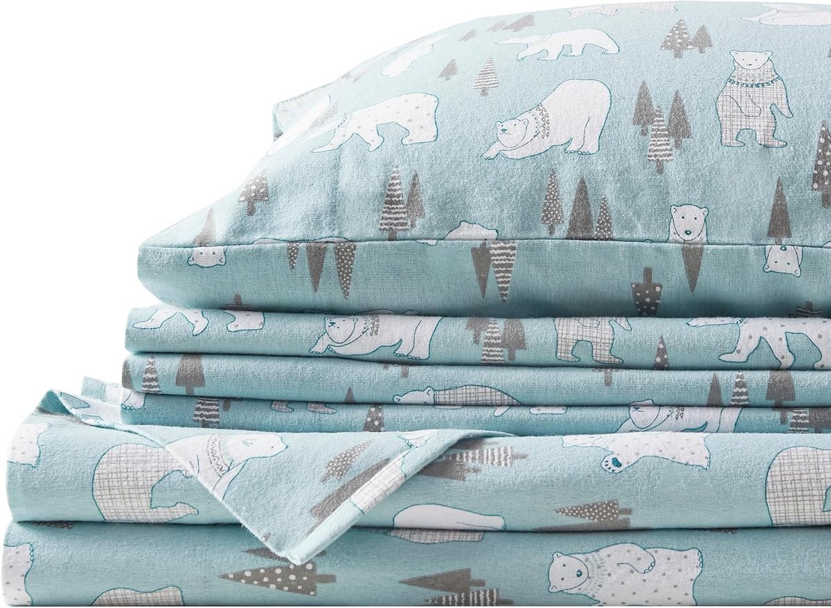 Spaces Set van 4 Ademende Warme Flanellen Pocket Lakens met Kussensloop, Koningsmaat, Blauwe IJsberen