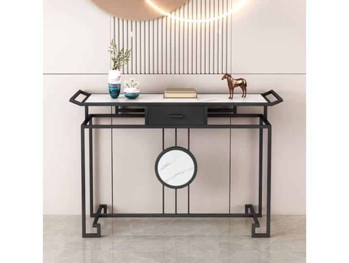 ZSCNYHMT Konsolentisch, Eingangstisch Mit Sintersteinplatte Und Schublade Geometrisches linien design, breite ablagefläche, stabiler rahmen, für eingang, flur und wohnzimmer(A,100cm/39.4in)