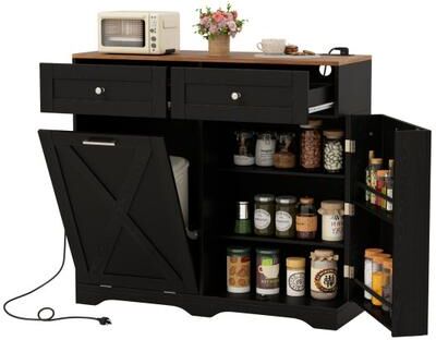 Costway Tilt Out Trash Can Cabinet with Outlets and Adjustable Shelf-Black