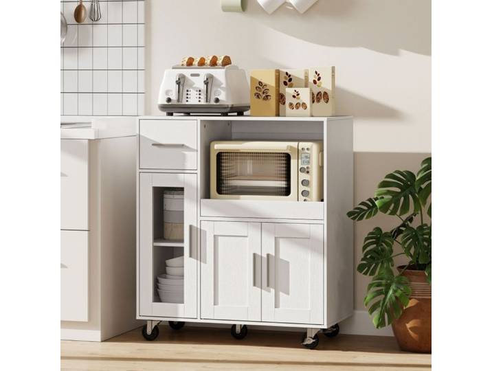 Meuble de Cuisine Mobile Desserte Blanche avec Espace de Rangement Roulettes et Passe-Câbles