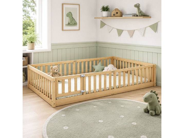 Lit enfant en bois naturel - LALAHO - 120 x 200 cm - Sommier à lattes inclus - Protection antichute amovible