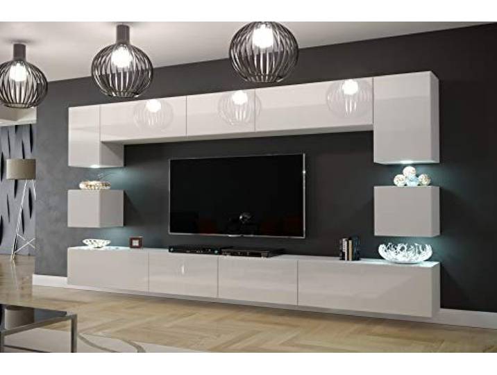 Furnitech Wohnwand Wohnzimmer Möbel (Weiß) mit LED Weiß - Hängend Wohnzimmerwand Modern - Schrankwand mit Regale und TV Schrank (Nowara AN1-17W-HG21 1C)