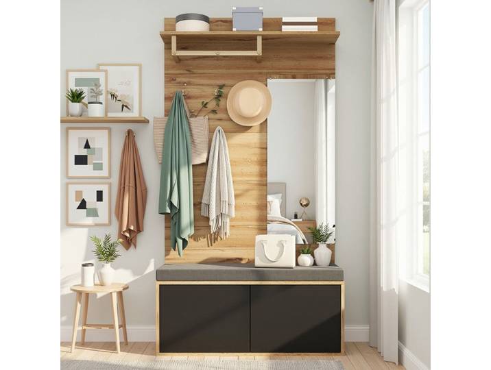URBAN MEUBLE Vestiaire à l'entrée effet bois banc rembourré miroir porte-manteaux miroir et rangement chaussures