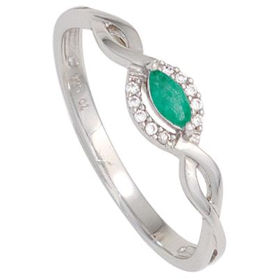 Diamantring JOBO Gr. 50, weiß (weißgold 333), Fingerringe, Damen, 50, P1 = bei 10-facher Vergrößerung erkennbare Einschlüsse, Diamanten Weißgold 333, Diamanten, Weißgold 333, Diamantring, 333 Weißgold mit Smaragd und 10 Diamanten