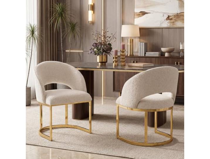 Aunvla 2 Esszimmerstühle, bequem und atmungsaktiv, geeignet für Restaurants, Wohnzimmer, Cafés und andere Orte, moderner Stil, goldfarben galvanisierte Stuhlbeine, Boucle, Beige + Gold