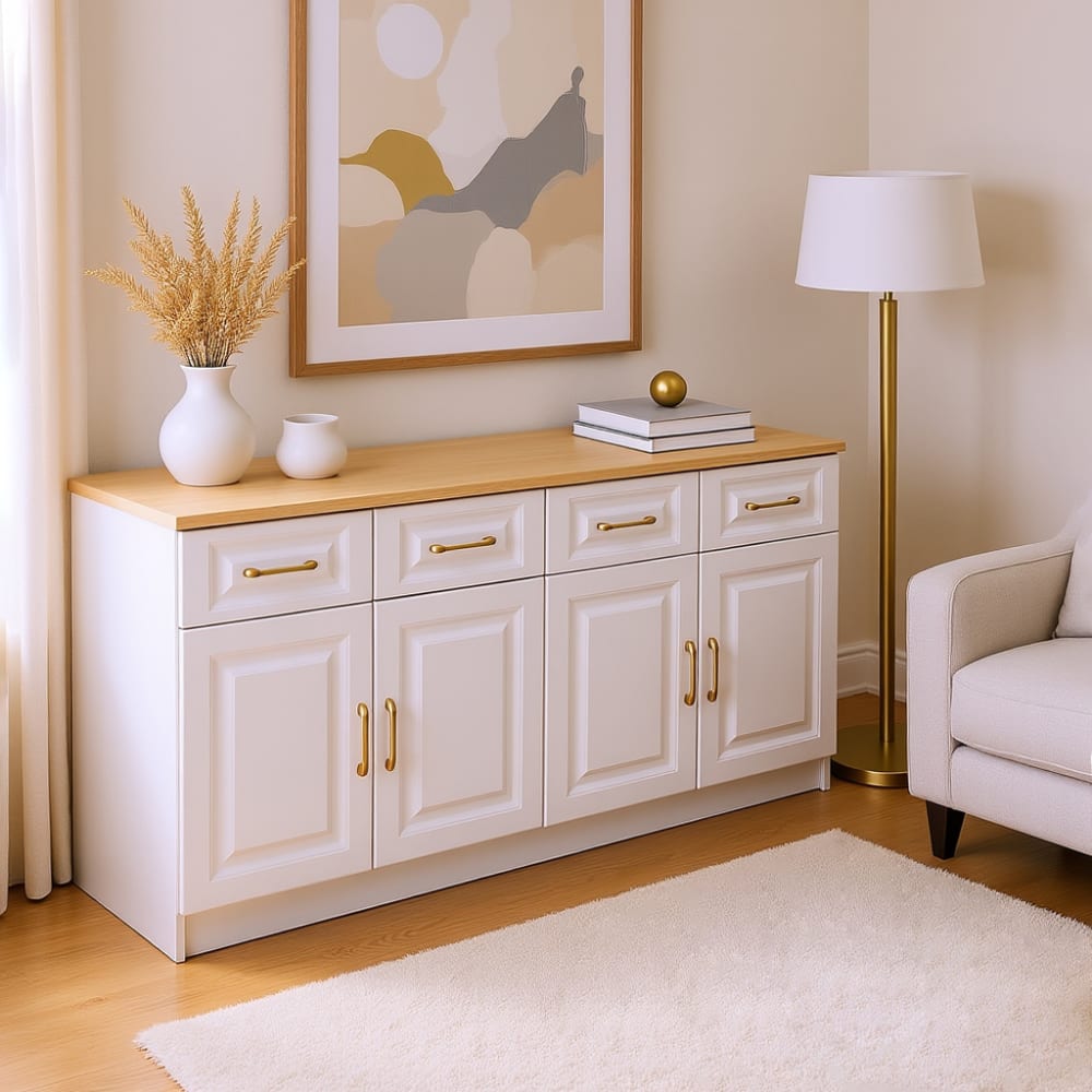 Urban Meuble Buffet blanc fermier effet bois 4 tiroirs 4 portes Blanc 140x75x40cm