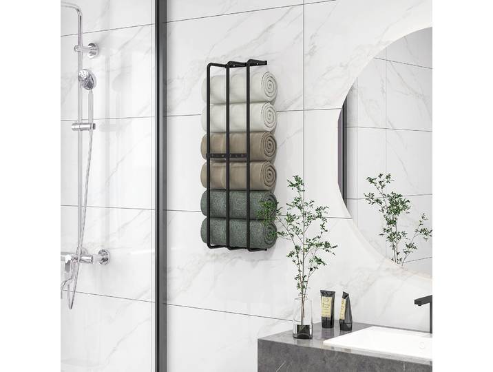 HOMCOM Porte-Serviettes Mural Métal Noir 3 Barres 21x12x74 cm